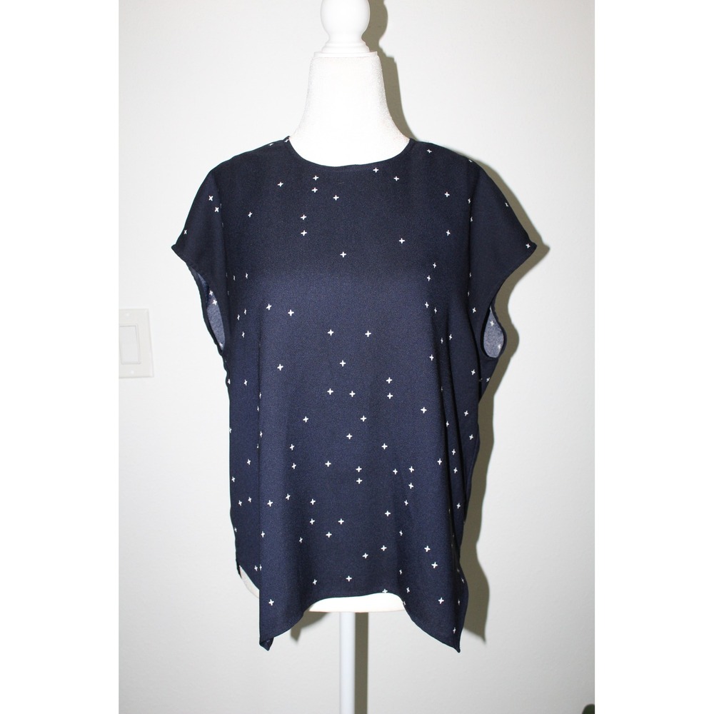 M.M.LaFleur Navy Blue Star Print Short Sleeve Boxy Blouse XS Italian Fabric